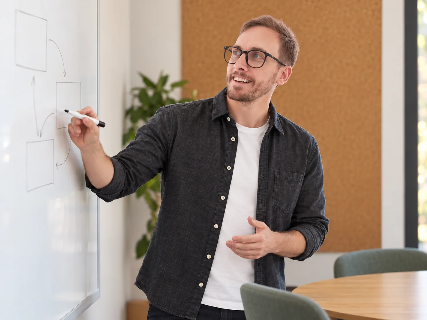 AI-created editorial scene of Josiah Roche working at a whiteboard in a meeting room, reused from his website